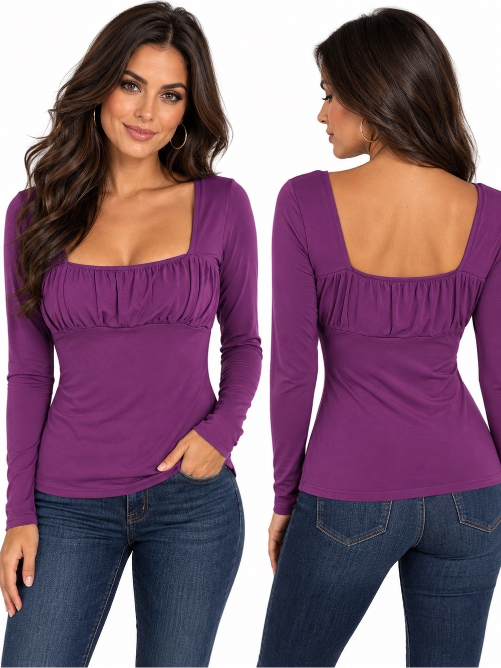 VINTAGE Ruched Bust Square Neck Long Sleeve Y2K Top L | Purple